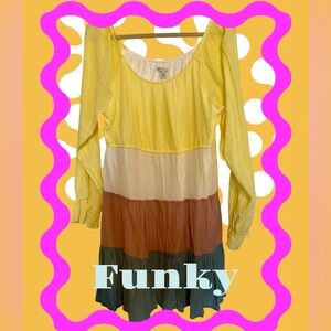 EUC Cato Boho Tiered Colorblock Mini Dress Lg Slv Yellow Beige Rust Teal 🍂✨Sz XL